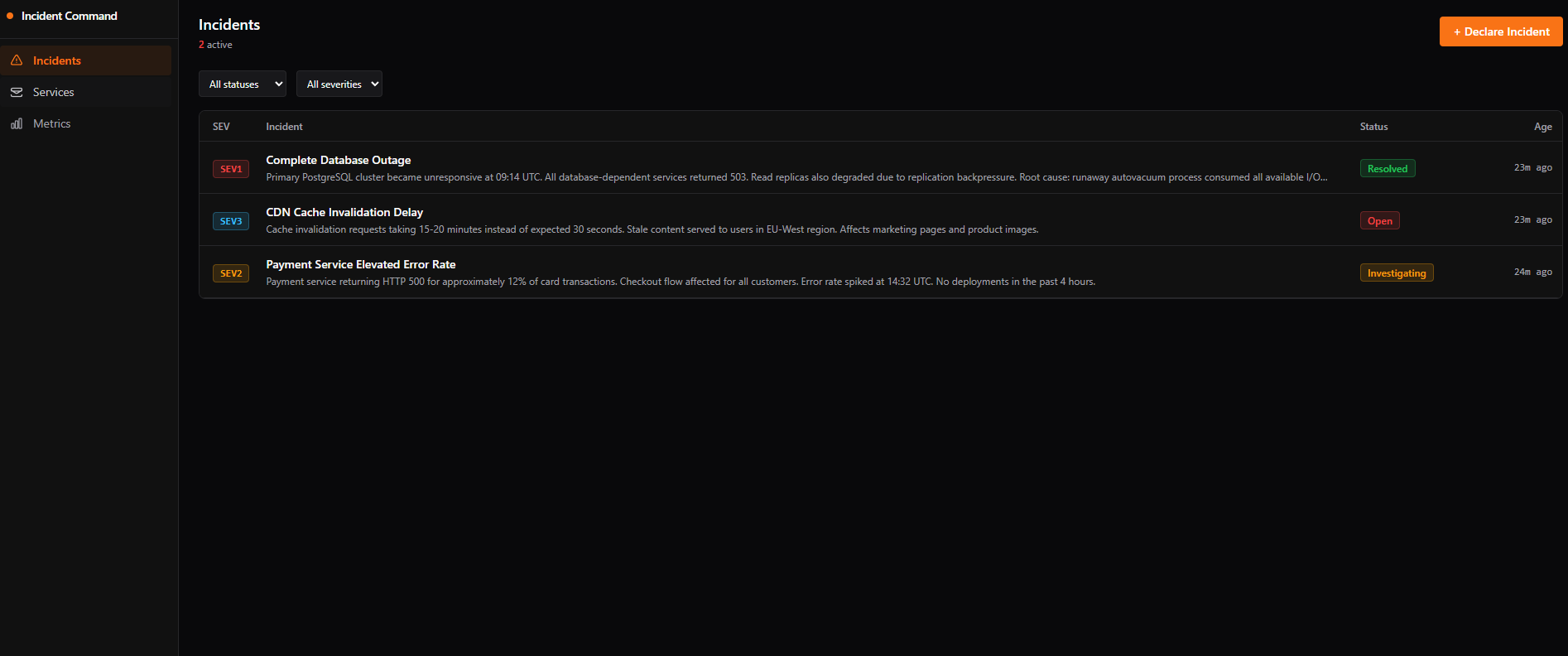 Incident Command Center showing real-time incident timeline and SRE team coordination interface with WebSocket live updates